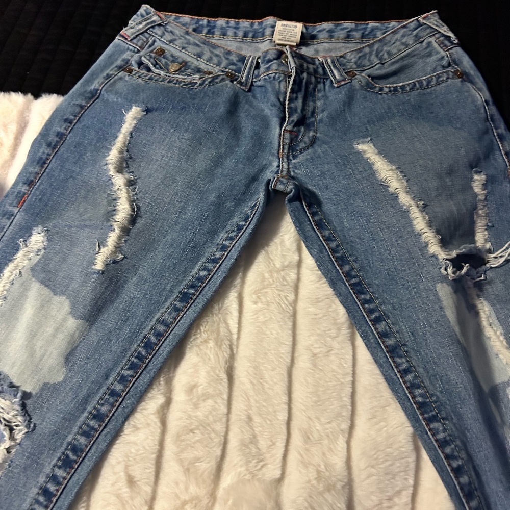 True Religion Blue Boyfriend Jeans Distressed